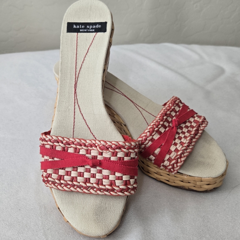 Kate Spade Gingham Red Cream Wicker Wedge Sandal 8B